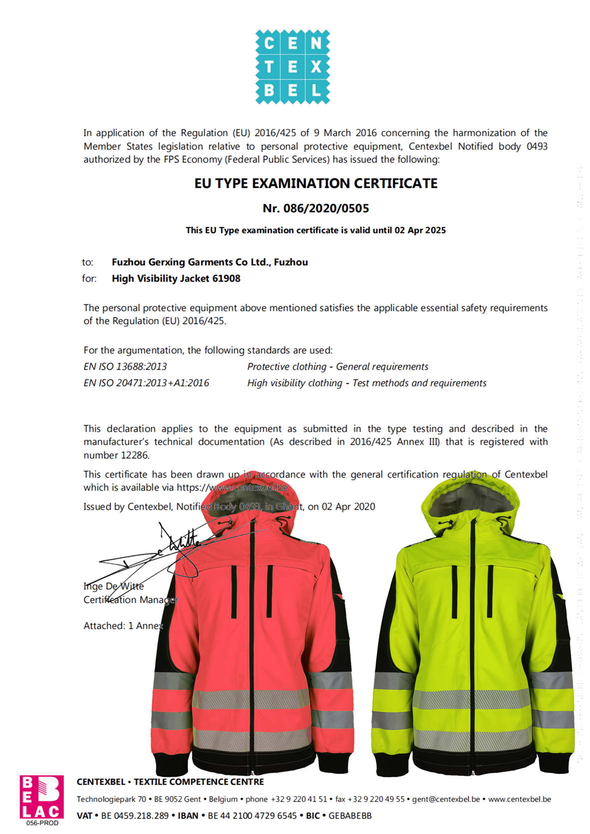 Centexbel EU Type Examination Certificate for SGM20013CG high visibility jacket